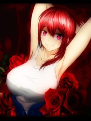 Rule 34 | 1girl, amarylith, armpits, arms behind head, asymmetrical hair, breasts, floral background, flower, heart, heart-shaped pupils, highres, hiyama akane (renai boukun), large breasts, looking at viewer, red eyes, red hair, renai boukun, rose, shaded face, smile, solo, symbol-shaped pupils, tank top, upper body
