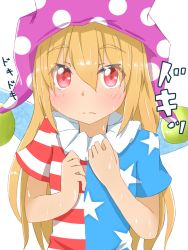 Rule 34 | 1girl, american flag shirt, arms up, blonde hair, blush, clownpiece, commentary request, fairy wings, fang, fang out, hair between eyes, hands on own chest, hat, highres, jester cap, light frown, long hair, looking at viewer, mizune (winter), neck ruff, nervous sweating, polka dot headwear, purple hat, red eyes, simple background, solo, sound effects, sweat, thick eyebrows, touhou, upper body, white background, wings