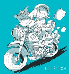 Rule 34 | 1boy, 1girl, absurdres, animal ears, aqua background, bag, blue background, cat, goggles, goggles on head, greyscale with colored background, highres, hood, hoodie, looking down, looking to the side, monochrome, motor vehicle, motorcycle, open mouth, original, rabbit, rabbit ears, shimarisu yukichi, shirt, shoes, short sleeves, simple background, smoke, white cat, white headwear, wide-eyed