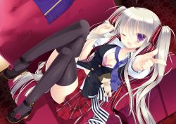 Rule 34 | 1girl, ;d, absurdres, black thighhighs, bra, breasts, chair, cleavage, gangsta republica, grey hair, highres, huge filesize, knees up, legs, lying, miyasu risa, one eye closed, open clothes, open mouth, open shirt, pink bra, pointing, pointing at viewer, purple eyes, rindou misogi, school uniform, shirt, smile, solo, stuffed animal, stuffed cat, stuffed toy, thighhighs, twintails, underwear, wink