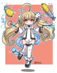 Rule 34 | 1girl, ahoge, azur lane, blonde hair, blush, dowsing rod, eldridge (azur lane), electricity, expressionless, floating, hair ornament, hairclip, highres, long hair, looking at viewer, low twintails, red eyes, shoes, simple background, solo, tao (kadoya), thighhighs, torpedo, twintails, twitter username, very long hair, white thighhighs