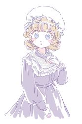 Rule 34 | 1girl, blonde hair, blue eyes, blush, breasts, dress, hand on own chest, hat, long sleeves, looking at viewer, maribel hearn, mitsumoto jouji, mob cap, open mouth, purple dress, short hair, simple background, solo, touhou, white background
