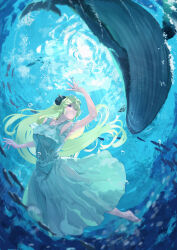 Rule 34 | 1girl, absurdres, air bubble, alternate costume, animal ears, arm up, armpits, barefoot, blonde hair, breasts, breasts apart, bubble, caustics, dress, fish, freediving, frilled dress, frills, highres, hololive, horns, large breasts, long dress, long hair, mochiyuki (gigfor1), purple eyes, sheep ears, sheep girl, sheep horns, sleeveless, sleeveless dress, solo, sundress, tsunomaki watame, underwater, very long hair, virtual youtuber, wet, wet clothes, wet dress, whale, white dress