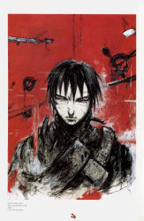 Rule 34 | 1boy, against wall, black gloves, black hair, blame!, blame and so on, blood, closed mouth, expressionless, gloves, highres, injury, killy, looking at viewer, male focus, nihei tsutomu, screw, grey eyes, solo, upper body