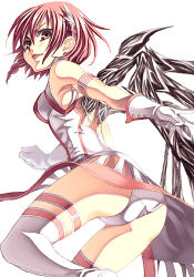 Rule 34 | 1girl, :p, armband, ass, bad id, bad pixiv id, dress, female focus, gloves, juju, looking back, lowres, over zenith, panties, pink hair, short hair, solo, thighhighs, tongue, tongue out, underwear, upskirt, white background, white panties, white thighhighs, wings, yellow eyes