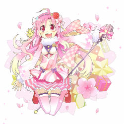 Rule 34 | 1girl, :d, ahoge, amagai tarou, blonde hair, blush, bow, cherry blossoms, flower, frills, gift, gradient hair, hair flower, hair ornament, hairband, highres, long hair, mary janes, microphone, miniskirt, multicolored hair, open mouth, original, petals, pink eyes, pink hair, pink thighhighs, red flower, red rose, rose, shoes, skirt, smile, solo, star (symbol), thighhighs, very long hair, vintage microphone, zettai ryouiki