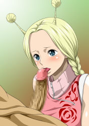 Rule 34 | 1boy, 1girl, antenna hair, blonde hair, blue eyes, blush, braid, censored, clothed female nude male, conis (one piece), erection, fellatio, hetero, highres, licking, nel-zel formula, nude, one piece, open mouth, oral, penis, tongue, tongue out, twin braids