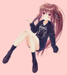 Rule 34 | 1girl, absurdres, ahoge, alternate costume, arm support, black footwear, black hoodie, black socks, blush, boots, brown hair, casual, character name, character print, closed mouth, commentary request, convenient leg, cross-laced footwear, dutch angle, floating hair, full body, hair ribbon, hand up, happy, highres, hood, hood down, hoodie, kneehighs, knees together feet apart, little busters!, long hair, looking at viewer, natsume rin, natsuoto rito, paw print, pink background, ponytail, red eyes, ribbon, sidelocks, sleeves past wrists, smile, socks, solo, very long hair, white background, white ribbon