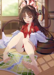 Rule 34 | 1girl, absurdres, ahoge, barefoot, black shorts, blue archive, breasts, brown hair, coat, demon horns, feet, halo, highres, horns, kasumi (blue archive), knees up, ko otori127, long hair, looking at viewer, map, off shoulder, open mouth, red shirt, shirt, shorts, sitting, small breasts, soles, solo, tail, toes, underwear, white coat, yellow eyes
