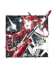 Rule 34 | 1girl, arknights, blush, chinese commentary, commentary request, fang, framed, guitar, holding, holding instrument, holding plectrum, horns, instrument, long hair, looking away, music, open mouth, pipidan, playing instrument, plectrum, pointy ears, red eyes, red hair, sidelocks, signature, simple background, singing, solo, sparkle, tears, teeth, upper body, very long hair, vigna (arknights), white background