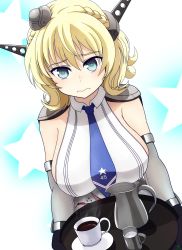 Rule 34 | 1girl, black gloves, blonde hair, blue background, blue eyes, blue necktie, braid, breasts, cafe, capelet, coffee, coffee cup, coffee pot, colorado (kancolle), cup, disposable cup, dress, elbow gloves, garrison cap, gloves, grey capelet, grey dress, grey gloves, grey hat, hair between eyes, hat, headgear, highres, holding, holding tray, jar, kantai collection, large breasts, looking at viewer, midori no ryokucha, milk, necktie, pleated dress, saucer, shirt, short hair, side braids, sideboob, sleeveless, solo, star (symbol), starry background, tray, upper body, wavy mouth, white shirt