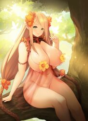 Rule 34 | 1girl, absurdres, armlet, bare shoulders, blonde hair, breasts, bug, butterfly, cleavage, curvy, day, dot nose, elf, female focus, flower, flower on nipple, functionally nude, glowing butterfly, green eyes, head tilt, highres, huge breasts, insect, light, long hair, navel, no bra, no panties, on tree, original, outdoors, pointy ears, see-through, shiny skin, sidelocks, sitting, sky, smile, solo, sunrise, thick thighs, thighs, topless, toriseru (rare stone), tree, twintails, very long hair, wide hips, yellow flower