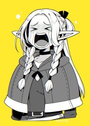 Rule 34 | 1girl, braid, braided ponytail, capelet, choker, crying, dungeon meshi, elf, greyscale with colored background, long hair, marcille donato, pointy ears, t t, takatsuki ichi, twin braids, upper body, yellow background