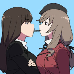 Rule 34 | 2girls, beret, black hair, black headwear, black jacket, blue background, crossed arms, food, from side, girls und panzer, grey hair, hat, highres, jacket, long hair, multiple girls, nishizumi shiho, onsen tamago (hs egg), pocky, pocky kiss, ponytail, red jacket, shared food, shimada chiyo, simple background, upper body