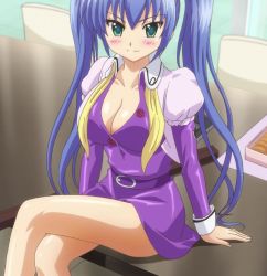 Rule 34 | 1girl, anime screenshot, blue hair, breasts, green eyes, hairdressing, indoors, interior, kuroki kurumi, r-15 (series), school uniform, screencap, sitting, solo, twintails
