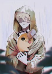 Rule 34 | 1boy, blonde hair, blood, blood on clothes, carrying, chainsaw, chainsaw man, coat, denji (chainsaw man), eyepatch, highres, hug, hybrid, jacket, looking at viewer, pochita (chainsaw man), rain, raincoat, red hair, shirushi (in), short hair, tongue, tongue out