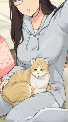 Rule 34 | 1girl, bed, blouse, brown hair, cat, commentary request, glasses, head out of frame, highres, hood, hoodie, indoors, instagram, long hair, original, pajamas, pants, parted lips, selfie, shirt, sitting, sweatpants, translation request, wakamatsu372, wariza, white shirt, wooden floor