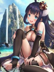 Rule 34 | 1girl, :d, absurdres, ahoge, animal, anklet, bare shoulders, barefoot, beach, blue eyes, blue sky, blunt bangs, blush, breasts, bridal gauntlets, brooch, cave, cleavage, cleavage cutout, clothing cutout, commentary request, crown, day, feet, frills, garter straps, heart, highres, jewelry, knee up, long hair, looking at viewer, medium breasts, on ground, open mouth, orca, original, outstretched arms, pointy ears, purple hair, round teeth, sitting, sky, sleeveless, smile, soles, solo, stirrup legwear, straight hair, sunlight, tareme, teeth, toeless legwear, toes, upper teeth only, very long hair, water, waterfall, whistle, whistle around neck, yuririn poi