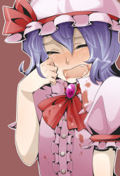 Rule 34 | 1girl, bad id, bad pixiv id, blood, blush, crying, closed eyes, fang, female focus, hat, purple hair, remilia scarlet, rui (t kimi), short hair, solo, tears, touhou