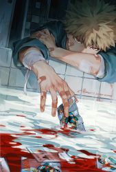 Rule 34 | 1boy, absurdres, all might, artist name, bakugou katsuki, bandaged arm, bandages, bandaid, bandaid on arm, bandaid on face, bandaid on hand, bathroom, bathtub, between fingers, blonde hair, blood, blood in water, blood stain, boku no hero academia, broken glass, broken mirror, card, card between fingers, character name, character print, commentary, covered mouth, cuts, door, english text, glass, hair between eyes, hand on own arm, head on arm, head rest, highres, holding, holding card, hospital gown, indoors, injury, leaning on object, light switch, looking at viewer, male focus, mirror, radar chart, red eyes, sanpaku, signature, silhouette, solo, spiked hair, spoilers, switch, tile wall, tiles, upper body, v-shaped eyebrows, zerom000