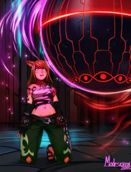 Rule 34 | 10s, 1girl, animal ears, bare shoulders, belt, boots, breasts, brown hair, cat ears, elbow gloves, final fantasy, final fantasy xiv, fingerless gloves, gloves, highres, hypnosis, jewelry, kneeling, long hair, lowleg, lowleg pants, midriff, mind control, miqo&#039;te, modeseven, multiple belts, navel, necklace, neon trim, orb, original, pants, parted lips, pearl necklace, single strap, solo, tank top, tattoo, toeless footwear, toes, wide hips