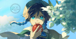 Rule 34 | 1boy, apple, aqua eyes, artist name, beret, black bow, black bowtie, black hair, blue hair, blue sky, bow, bowtie, braid, cape, collared cape, commentary request, day, fingernails, flower, food, fruit, fushitasu, genshin impact, gradient hair, green cape, green hat, hair between eyes, hand up, hat, hat flower, hat ornament, holding, holding food, holding fruit, leaf, leaf hat ornament, long sleeves, looking afar, male focus, multicolored hair, open mouth, outdoors, shirt, short hair, sky, smile, solo, standing, striped bow, striped bowtie, striped clothes, teeth, tongue, tree, twin braids, two-sided cape, two-sided fabric, upper body, venti (genshin impact), white flower, white shirt, wing collar, yellow cape