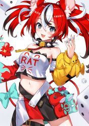 Rule 34 | 1girl, absurdres, animal ears, asymmetrical sleeves, between fingers, blue eyes, bow, chacha zo, collar, detached sleeves, dice, hakos baelz, highres, holding, hololive, hololive english, midriff, miniskirt, mouse ears, mouse tail, mr. squeaks (hakos baelz), multicolored hair, navel, red hair, skirt, spiked collar, spikes, tail, tail bow, tail ornament, thigh strap, twintails, virtual youtuber