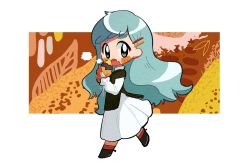 Rule 34 | 1girl, 27 (tsuna), aqua eyes, aqua hair, autumn, black footwear, black sweater, blush stickers, chibi, commentary request, dress, fang, floral background, food, frilled sleeves, frills, from side, full body, hair ornament, hairclip, hands up, holding, holding food, layered sleeves, long hair, long sleeves, looking at viewer, looking to the side, open mouth, orange background, orange socks, original, ribbed legwear, roasted sweet potato, shoes, short sleeves, skin fang, socks, solo, steam, sweater, sweet potato, thick eyebrows, very long hair, walking, white background, white dress, roasted sweet potato