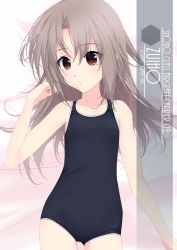 Rule 34 | 1girl, artist name, black one-piece swimsuit, brown eyes, brown hair, character name, collarbone, commentary request, cowboy shot, eyes visible through hair, flat chest, hair between eyes, highres, inaba shiki, kantai collection, long hair, looking at viewer, lying, new school swimsuit, one-hour drawing challenge, one-piece swimsuit, school swimsuit, solo, swimsuit, zuihou (kancolle)