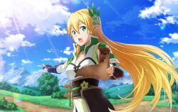 Rule 34 | 1girl, alternate costume, alternate hairstyle, armor, blonde hair, blue sky, cloud, day, faulds, fingerless gloves, floating hair, gloves, green eyes, hair between eyes, holding, leafa, long hair, looking at viewer, outdoors, outstretched arm, pointy ears, sky, solo, sunlight, sword art online, underbust, very long hair, white gloves