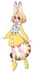 Rule 34 | 1girl, :3, alternate costume, animal ears, blonde hair, blush, boots, commentary request, extra ears, highres, hood, hood down, kemono friends, kemono friends 3, long sleeves, looking at viewer, open mouth, raincoat, ransusan, rubber boots, serval (kemono friends), serval print, serval tail, shirt, short hair, skirt, solo, tail, white shirt, yellow eyes, yellow footwear, yellow shirt, yellow skirt