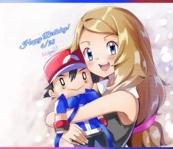 Rule 34 | 1girl, :d, ash ketchum, ashujou, blonde hair, blue eyes, blush, character doll, commentary request, creatures (company), dated, doll, eyelashes, game freak, happy, happy birthday, holding, holding doll, long hair, looking at viewer, nintendo, open mouth, pokemon, pokemon (anime), pokemon xy (anime), serena (pokemon), shirt, sleeveless, sleeveless shirt, smile, stuffed toy, teeth, tongue, twitter username, upper body, upper teeth only