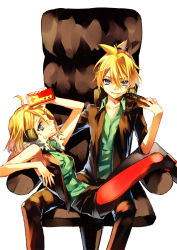 Rule 34 | 1boy, 1girl, alternate costume, blonde hair, brother and sister, casual, chair, kagamine len, kagamine rin, pantyhose, reclining, red pantyhose, remote control (vocaloid), siblings, sitting, tibino, twins, vocaloid