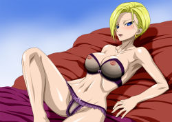 Rule 34 | 1girl, android 18, armpits, bare shoulders, bed, blonde hair, blue eyes, blush, bob cut, bra, breasts, dragon ball, dragonball z, earrings, embarrassed, groin, jewelry, large breasts, legs, lingerie, looking at viewer, lying, mature female, navel, nel-zel formula, nipples, open mouth, panties, pillow, see-through, shiny skin, short hair, simple background, solo, strapless, strapless bra, thighs, underwear