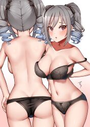 Rule 34 | 1girl, absurdres, ass, black bra, black panties, blush, bra, breasts, butt crack, cleavage, collarbone, commentary request, drill hair, grey hair, hair ribbon, highres, idolmaster, idolmaster cinderella girls, kanzaki ranko, lace, lace-trimmed bra, lace-trimmed panties, lace trim, mabanna, medium breasts, navel, panties, red eyes, ribbon, solo, stomach, topless, twin drills, twintails, underwear, undressing