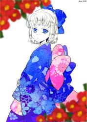 Rule 34 | 1girl, aged down, blue eyes, bow, closed mouth, flower, gensou suikoden, gensou suikoden iii, hair bow, japanese clothes, kimono, looking at viewer, sarah (suikoden iii), short hair, solo, white background