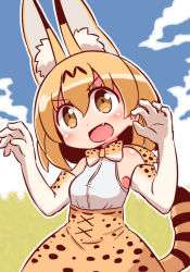 Rule 34 | &gt;:o, 10s, 1girl, :o, animal ears, bare shoulders, blonde hair, blush, bow, bowtie, claw pose, cloud, day, elbow gloves, extra ears, fang, gloves, hair between eyes, high-waist skirt, kemono friends, multicolored clothes, multicolored gloves, naga u, outdoors, print bow, print bowtie, print gloves, print neckwear, print skirt, serval (kemono friends), serval print, serval tail, skirt, sky, sleeveless, solo, tail, v-shaped eyebrows, white gloves, yellow eyes, yellow gloves