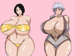 Rule 34 | 2girls, black hair, bleach, breasts, cleavage, highres, huge breasts, kotetsu isane, multiple girls, plump, silver hair, swimsuit, thick thighs, thighs, unohana retsu, wide hips