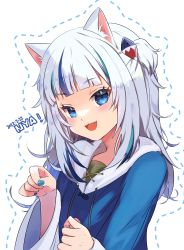Rule 34 | 1girl, :d, absurdres, animal ears, blue eyes, blue hair, blue hoodie, blue nails, cat ears, commentary, dated, dotted line, drawstring, gawr gura, hands up, highres, hololive, hololive english, hood, hood down, hoodie, kemonomimi mode, long hair, long sleeves, looking at viewer, multicolored hair, nail polish, nyan, open mouth, pekerika, romaji text, sharp teeth, silver hair, simple background, smile, solo, streaked hair, teeth, two side up, virtual youtuber, white background, wide sleeves