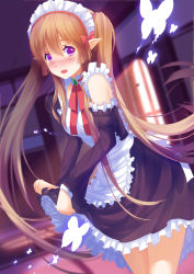 Rule 34 | 10s, 1girl, blush, bow, brooch, brown hair, bug, butterfly, dutch angle, elf, holding, bug, jewelry, long hair, looking at viewer, maid, maid headdress, myucel foalan, open mouth, outbreak company, pointy ears, purple eyes, rizky (strated), solo, twintails