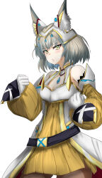 Rule 34 | 1girl, animal ears, belt, blunt bangs, blush, cat ears, chest jewel, commentary request, crystal, facial mark, flat chest, gloves, grey hair, hair ornament, highres, looking at viewer, mature female, nia (xenoblade), shindayomon, short hair, solo, white gloves, xenoblade chronicles (series), xenoblade chronicles 3, yellow eyes