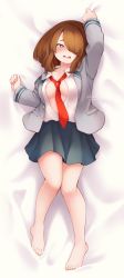 Rule 34 | 1girl, absurdres, arm up, bare legs, barefoot, black skirt, blunt bangs, blush, boku no hero academia, breasts, brown eyes, brown hair, chikuwa savy, collared shirt, commentary request, dakimakura (medium), from above, full body, grey jacket, hair over one eye, hand up, highres, jacket, komori kinoko, large breasts, legs, long sleeves, lying, necktie, on back, open clothes, red necktie, school uniform, shirt, skirt, solo, teeth, twitter username, u.a. school uniform, upper teeth only, white shirt