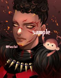 Rule 34 | 1girl, apex legends, armor, bangalore (apex legends), black hair, brown hair, crimson queen bangalore, curly hair, embers, expressionless, facepaint, hair behind ear, highres, jewelry, monkey, necklace, nose piercing, nose ring, official alternate costume, orange eyes, piercing, portrait, sample watermark, short hair, solo, tama (ponz3o1), watermark