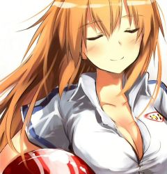 Rule 34 | 1girl, blush, breasts, charlotte e. yeager, cleavage, closed eyes, large breasts, long hair, orange hair, sandwich (artist), simple background, smile, solo, strike witches, tsuchii (ramakifrau), upper body, world witches series