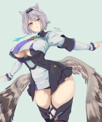 Rule 34 | 1girl, :o, animal ears, armband, artist name, black armband, black skirt, black thighhighs, breasts, brown wings, commentary request, dated, green background, highres, indie virtual youtuber, kayamori emma, kichihachi, long sleeves, looking at viewer, low wings, medium breasts, outstretched arms, simple background, skirt, solo, thighhighs, thighs, underboob, virtual youtuber, wings, yellow eyes