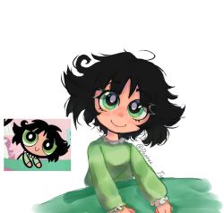 Rule 34 | 1girl, artist name, black hair, bright pupils, buttercup (ppg), buttercup redraw challenge (meme), derivative work, desiree tan, green eyes, green pajamas, highres, long sleeves, looking at viewer, meme, messy hair, pajamas, powerpuff girls, reference inset, screenshot inset, screenshot redraw, simple background, solo, under covers, upper body, white background, white pupils