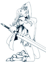 Rule 34 | 1girl, armor, armored boots, artist request, blue theme, bodysuit, boots, cape, claymore (series), claymore (sword), full body, huge weapon, long hair, monochrome, pauldrons, pteruges, shoulder armor, solo, sword, teresa, weapon