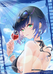 Rule 34 | 1girl, absurdres, alcohol, alternate costume, back, bai fan pwr, bare back, bikini, black-framed eyewear, black bikini, black hair, blue hair, blue sky, bob cut, bracelet, breasts, chinese commentary, cloud, commentary request, cup, day, diagonal bangs, dice earrings, drinking glass, eyewear on head, from behind, genshin impact, gradient hair, green eyes, halterneck, highres, holding, holding cup, jewelry, large breasts, looking at viewer, looking back, multicolored hair, nape, open mouth, short hair, sidelocks, sky, solo, string bikini, sunglasses, sunlight, swimsuit, upper body, water, wine, wine glass, yelan (genshin impact)