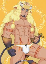 Rule 34 | 1boy, abs, animal hood, arm tattoo, bara, bare pectorals, boar boy, boar hood, boar tail, body fur, briefs, bulge, chest harness, danzen, dark-skinned male, dark skin, facial hair, fang, feet out of frame, forked eyebrows, goatee, gullinbursti (housamo), harness, highres, holding, holding sword, holding weapon, hood, large pectorals, male focus, male underwear, mature male, muscular, muscular male, navel, nipples, pectorals, pubic tattoo, short hair, solo, stomach, sword, tattoo, thick thighs, thighs, tokyo houkago summoners, underwear, weapon, white male underwear