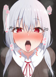 Rule 34 | 1girl, absurdres, blush, breasts, dark background, from above, full-face blush, grey hair, hair between eyes, hakase fuyuki, heart, heart-shaped pupils, highres, hukigen dadada, large breasts, long hair, looking at viewer, low twintails, nijisanji, open mouth, oral invitation, red ribbon, ribbon, saliva, simple background, solo, symbol-shaped pupils, tongue, tongue out, twintails, virtual youtuber